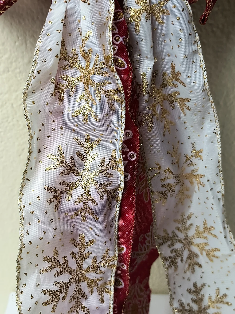 Festive Red & White Snowflake Holiday Bow with Gold Accents